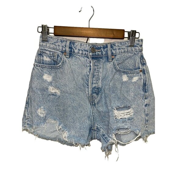 PACSUN Button Fly Icon Denim High Rise Distressed Jean Shorts Women's Size 25 - Picture 1 of 7